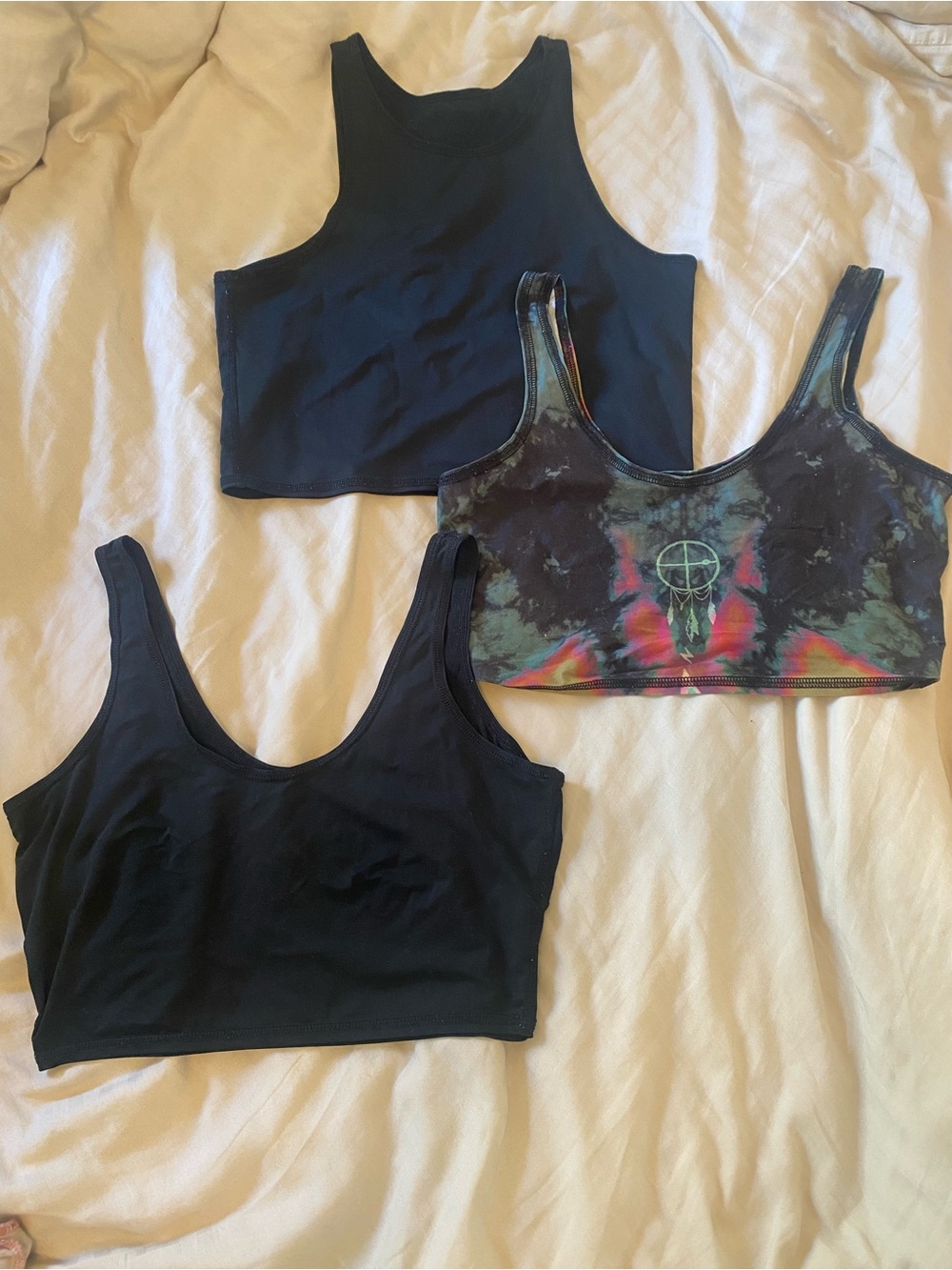 Bundle of 3 Teeki Womens Crop Top Sports Bras - MD/LG, Black and Tie Dye